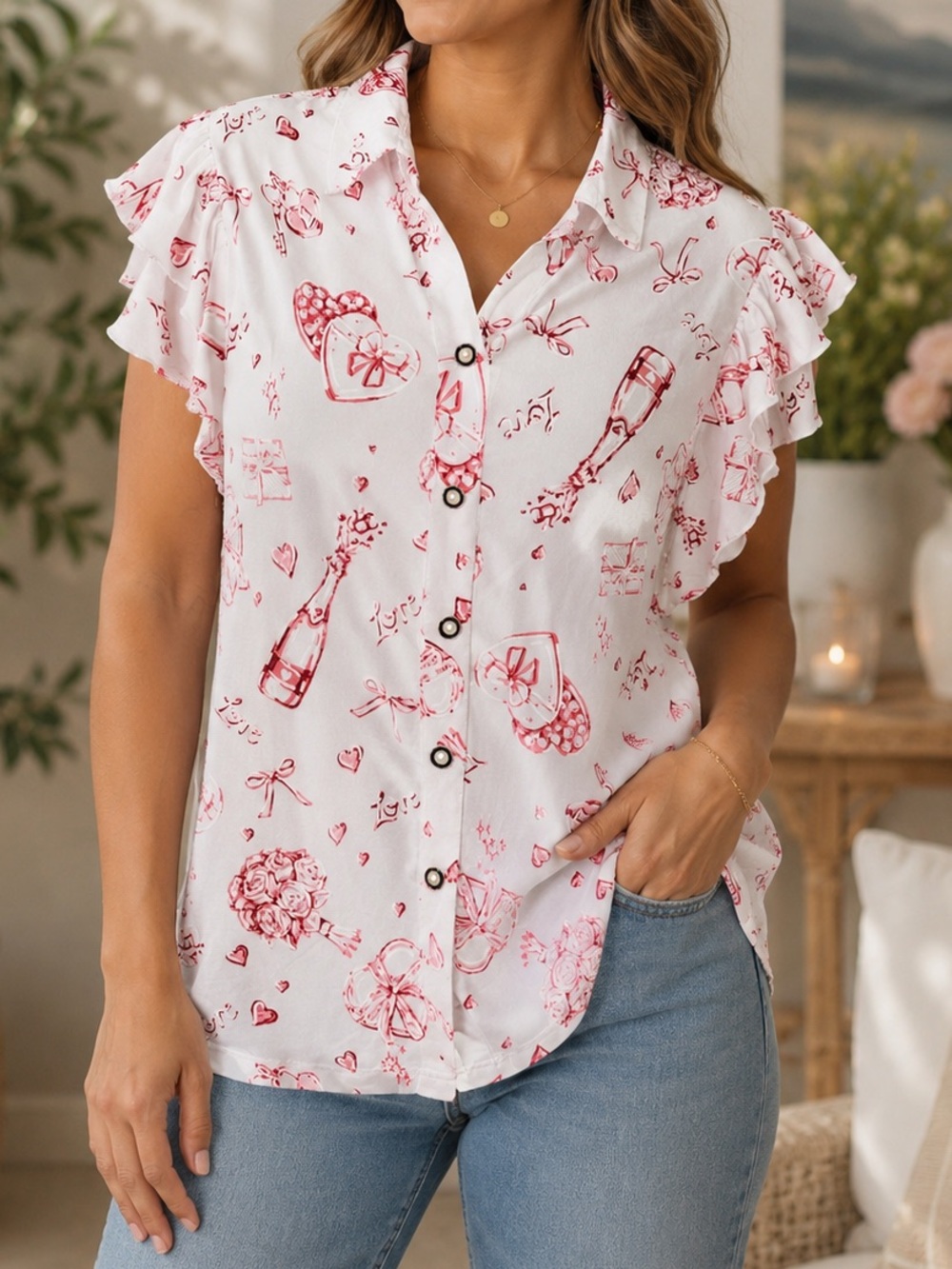 Madison -NWT White Love Print Ruffle Sleeve Top Size Medium